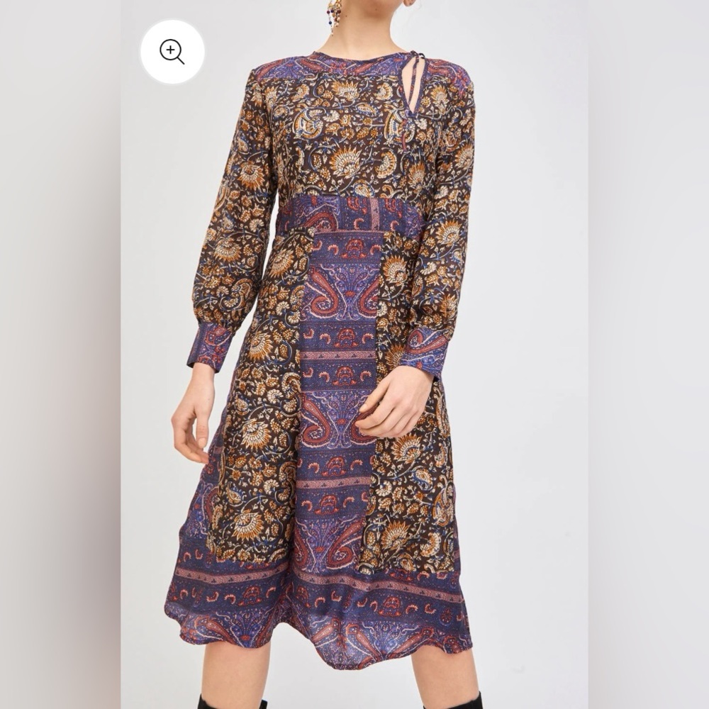 Antik Batik Silk Boho Chic Paisley Midi Long Sleeve Dress Size Medium/French 40